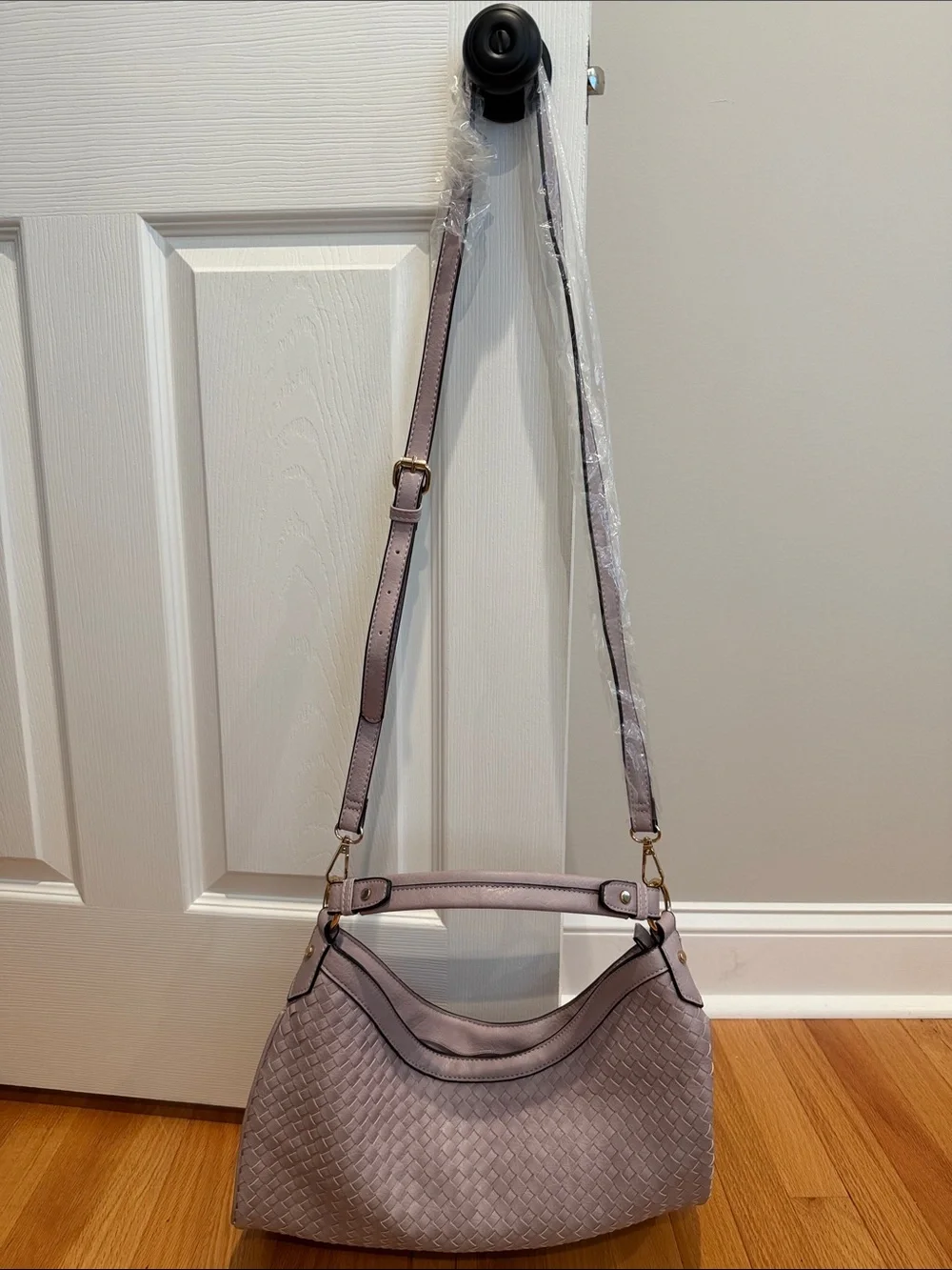 Woven Hobo Vegan Leather Shoulder Bag with Detachable Cross Body Strap in Violet